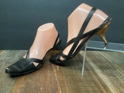 Zapatos de tacón CYDWOQ VINTAGE Climax de cuero negro con cordones dorados para gatito talla 37 Foto 1 de 4