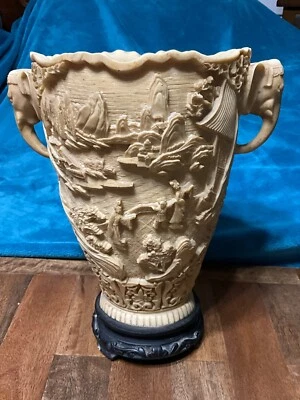 Chinoiserie Oriental Large Vase Carved Resin Scenic Pagoda Elephant Made / Italy - Image 1 of 4