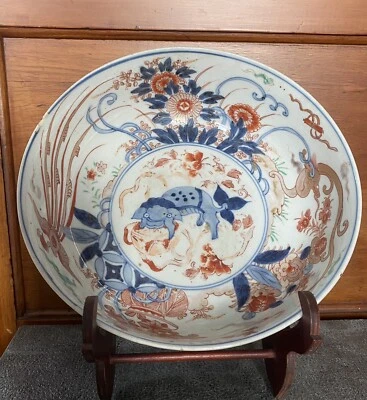 Imari Antiguo Cuenco Grande Foo Perro Dragón Fénix Japonés China Porcelana Arita Foto 1 de 4
