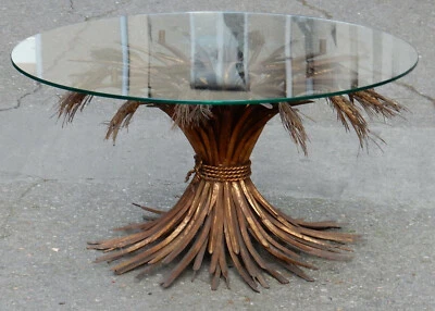 1970' Guéridon ou Table Basse Gerbe de Blé DLG YSL Métal Doré 44 x 80 cm - Photo 1/4