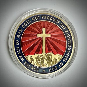Goldfarbene Münze-NEU-Religiös-Kreuz-Schnell zum Hören-Langsam zum Sprechen-Langsam zum Zorn - Bild 1 von 2