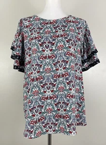 LOFT Flatterärmel Top blau Blumen Bauern Volant Arbeitskleidung Kurzarm Large - Bild 1 von 5
