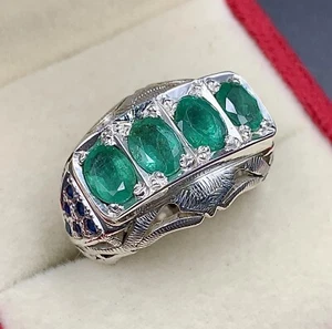 Natural Mined Earth Green Emerald Ring, 925 Sterling Silver Real Emerald Rings - Picture 1 of 7