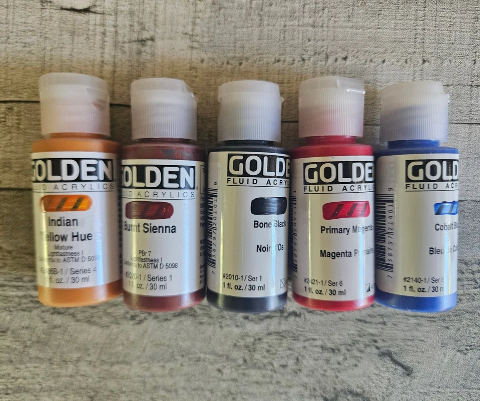 5 Golden Fluid Acrylic Paint 1 Oz - Cobalt Blue Primary Magenta Indian Yellow Hu - Image 1 of 1