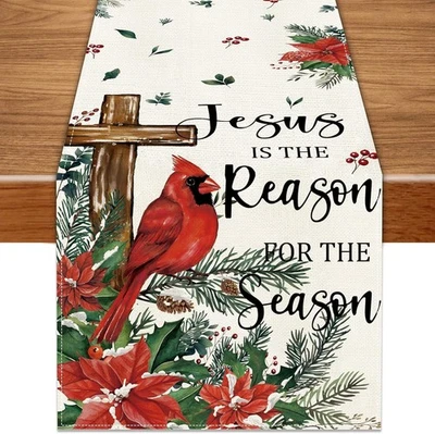 HEIRLOOM HAVEN Christmas Cardinal Bird Table Runner 13x72 Inch,Winter Poinsettias Cross Plants