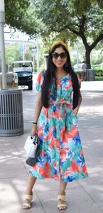 Zara buntes Midi Kleid mit Tropical Print und Taschen 100% Algonquin Baumwolle Gr. M - Bild 1 von 18