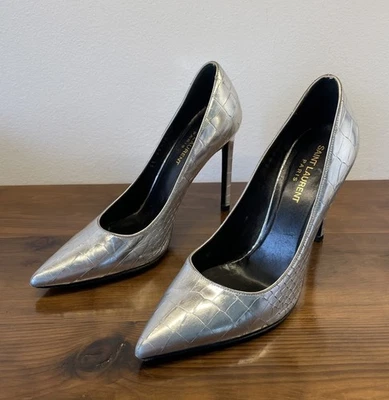 Saint Laurent Opyum 110 YSL Pumps Sz 7.5 Metallic Silver Croc Embossed Leather - Image 1 of 4