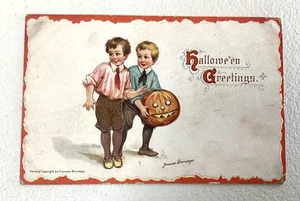 Vintage Halloween Postcard Boys & Pumpkin By Frances Brundage GermanyPosted 1912 - Picture 1 of 8