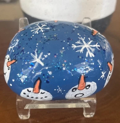 Hand Painted Rock "Sparkling Circle Snowman” Collectible Garden Decor Art Gift - Image 1 of 4