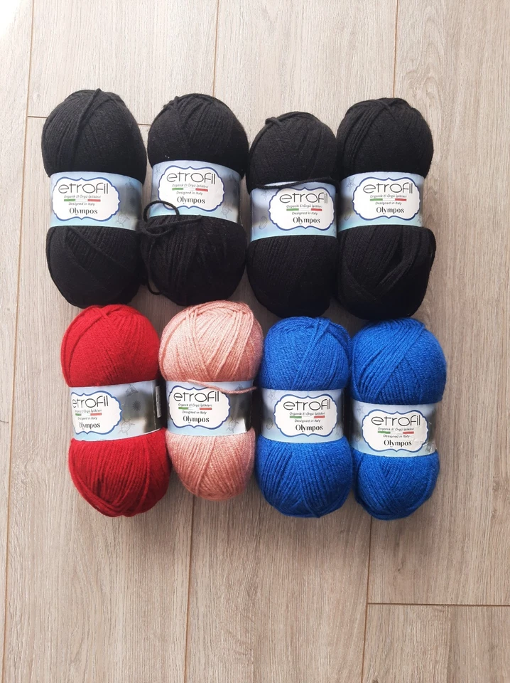 BULK LOT! Etrofil Olympos Baby Yarn - 4x BLACK, Red, Blue, Pink - 8x100g Skein - Image 1 of 3