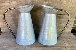 Pair Galvanized Tin Farmhouse Jug Flower Vase Metal Milk Pitcher Handle Cottage - Picture 1 of 12