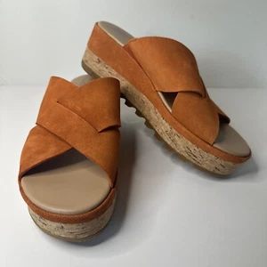 SOREL Cameron Flatform Mule Sandals 8.5 Orange Suede Leather Criss Cross Vamp - Picture 1 of 14