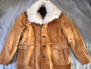 VTG 70’s Western Tan Sheepskin Shearling Collar Coat Eagle Patch 50” Chest - Picture 1 of 6