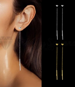 Cute Heart Shaped Drop Dangle Chain Tassel Threader Sterling Silver Earrings UK - Picture 1 of 36