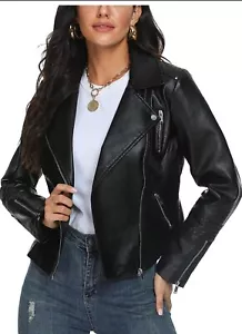 Fahsyee Women's Leather Jackets, Faux Motorcycle Plus Size Moto Biker Coat Short - Picture 1 of 5