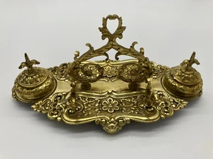 Messing Löwe Akzent Fuß Doppel Tintenfass Schreibtisch Feder Halter Ständer 19. Jh. - Bild 1 von 16