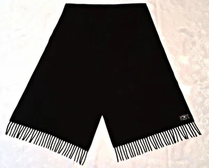 ITALY VINTAGE AUTHENTIC LAMBWOOL SOLID BLACK WOOL LONG MEN'S FRINGE SCARF - Picture 1 of 3