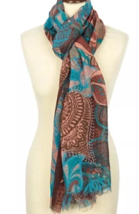 Extra large stole 31x90 inch teal brown 100% merino Pavlovo Posad scarf 10219 - Picture 1 of 4