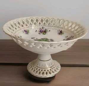 Vintage Porcelain Reticulated Pedestal Compote Violets Gold Purple Flower Dish - Picture 1 of 23