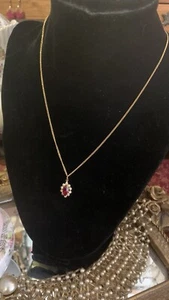 Grandma Mims Faux Red White Rhinestone Pendant Necklace Valentine Gold Tone - Picture 1 of 8