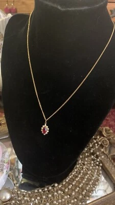 Grandma Mims Faux Red White Rhinestone Pendant Necklace Valentine Gold Tone - Image 1 of 4
