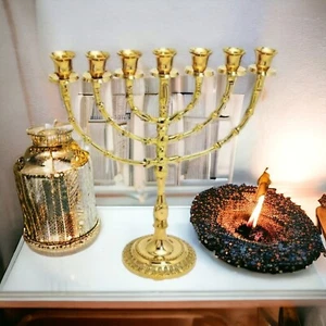 Menorah Portacandele Moderno 7 Rami Ottone Oro Menora - Altezza 11" Israele - Foto 1 di 17