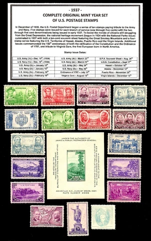 1937 COMPLETE YEAR SET OF MINT -MNH- VINTAGE U.S. POSTAGE STAMPS Cover