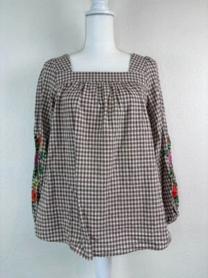 Davi and Dani Mujer Pequeño Marrón Cuadros Bordado Manga Larga Campesino Top Foto 1 de 4