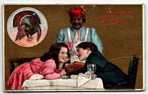 Thanksgiving Postcard Woman Two Children at Table Cooked Turkey PM 1910 - Picture 1 of 2