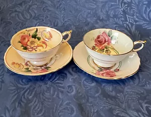 2 Sets 1-grün & 1-pfirsich Paragon doppelte Garantie Teetassen & Untertassen schwimmende Rose - Bild 1 von 17