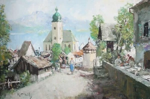 Großes altes Ölgemälde * Stadt am Bergsee * HEINZ KLAIBERG München Zwiebelturm - Bild 1 von 7