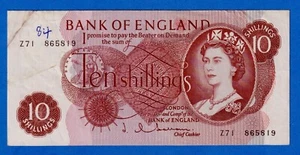 Great Britain/UK 10 Shillings 1962-1966 P-373b QE II Circulated Note Z71 865819 - Picture 1 of 4
