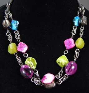 COLLANA COLORATA BOHO LUCIDA CONCHIGLIA PIETRA E VETRO 2 FILI BIGIOTTERIA USATA IN OTTIME CONDIZIONI - Foto 1 di 10