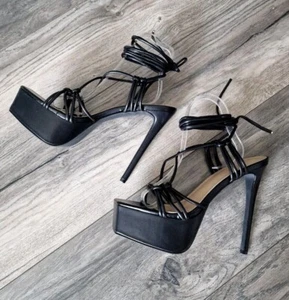 Womens Black Stiletto High Heel Tie Up Strappy Extreme Platform Sandals UK 3 - Picture 1 of 8