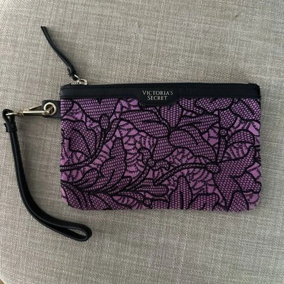 Victoria Secret Rose Purple & Black Floral Wristlet  Clutch Textured Zip Wallet - Image 1 of 4