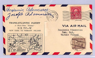 USA/POLAND Transatlantic Flight 1934 Air Cover ADAMOWICZ Pilots{2} Signed WT116 - Image 1 of 4