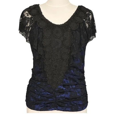 Top feminino retrô ND PL preto azul sobreposição de renda franzido capricho escuro romântico - Imagem 1 de 4