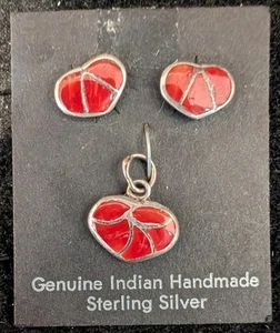 Vintage Zuni Inlaid Heart and Earring set Red Coral Size 1/2" - Picture 1 of 3