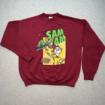 复古 90 年代 Dr. Seuss Sam I Am 绿色蛋和火腿红色运动衫 XL 码 — 第 1/4 张图片