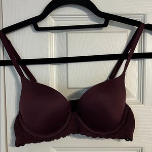AERIE Deep Burgundy Maroon Lace Bra 34A Sunnie Demi Coverage Underwire Push-Up - Picture 1 of 9
