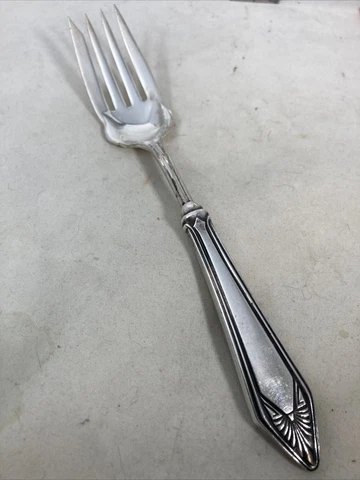 Sterling Silver Handled 8 1/2” Cold Meat Serving Fork Unknown Design Four Tines Cover