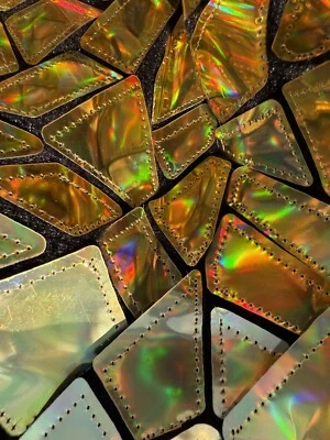 Geometric Holographic Iridescent Gold Luminous Lace Fabric. Velvet Base. By Yard - Image 1 of 4