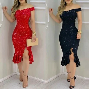 Women Fashion Solid Dress Sexy Plain Cold Shoulder Ruffle Loose Hem Slit Dress - Picture 1 of 18