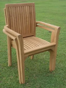 Qty 2 - Lua Grade-A Teak Wood Dining Stacking Arm Chair Pair Outdoor Furniture - Picture 1 of 4