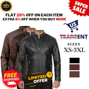 USTRADEENT Mens 100% Real Lambskin Genuine Biker Motorcycle Leather Jacket - Picture 1 of 15