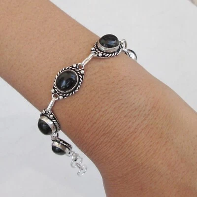 Christmas gift jewelry black onyx stone silver plated bracelet Sz 8"/adjustable - Image 1 of 4