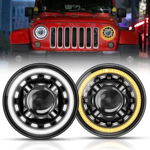 AUXBEAM Pair 7" Round LED Headlights Hi/Lo Beam H4 For Jeep Wrangler JK TJ CJ LJ - Picture 1 of 12