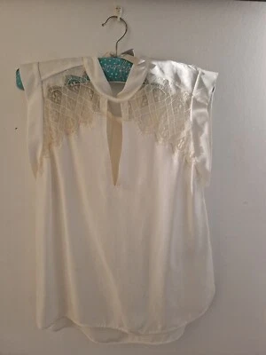 Women's Sandro Cream Pussy Bow Satin Lace Sleeveless Vest Top Blouse Size 1/UK10 - Image 1 of 4