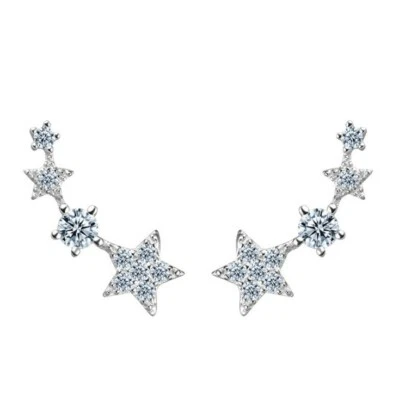Aretes sobre orugas de circonita cúbica en forma de estrellas de plata esterlina de moda para mujer A18 Foto 1 de 4