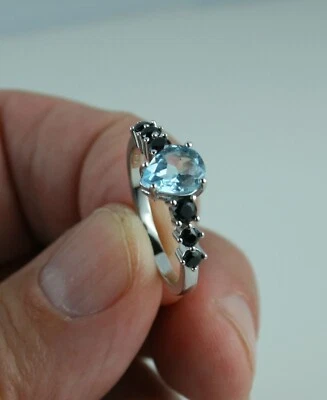 Sterling Silber Ring blauer Topas und schwarzer Spinell verschiedene Größen - Bild 1 von 4